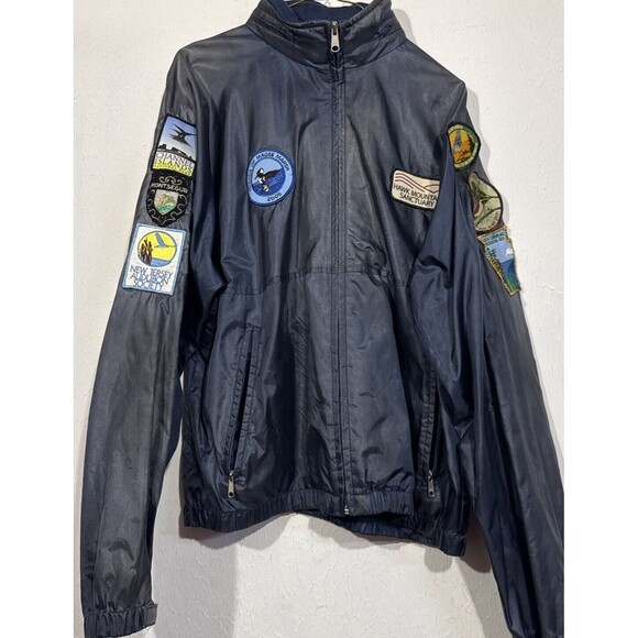 L.L. Bean Other - LL Bean Men L Windbreaker Jacket Hood Zip Pockets Blue Vent Back Vintage Patches